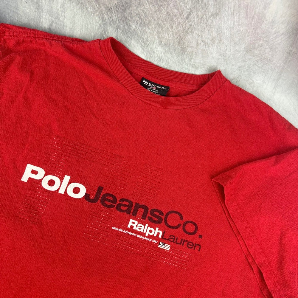 Polo Jeans Co Y2K Ralph Lauren Red Graphic T-Shirt Men Large Short Sleeve Cotton